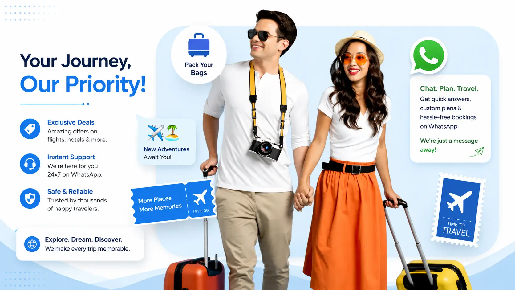 WhatsApp catalog, automation and shared inbox screens for a travel business