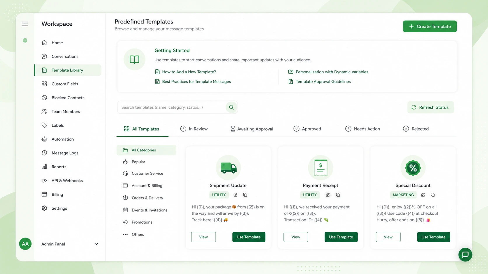 Creating a WhatsApp Business message template step by step in Ojiva AI