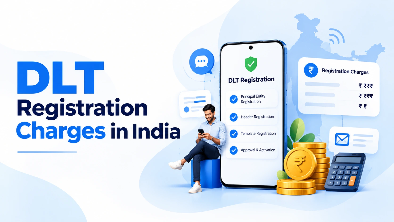 DLT registration charges in India shown as an operator fee breakdown for Airtel, Jio, Vi and BSNL