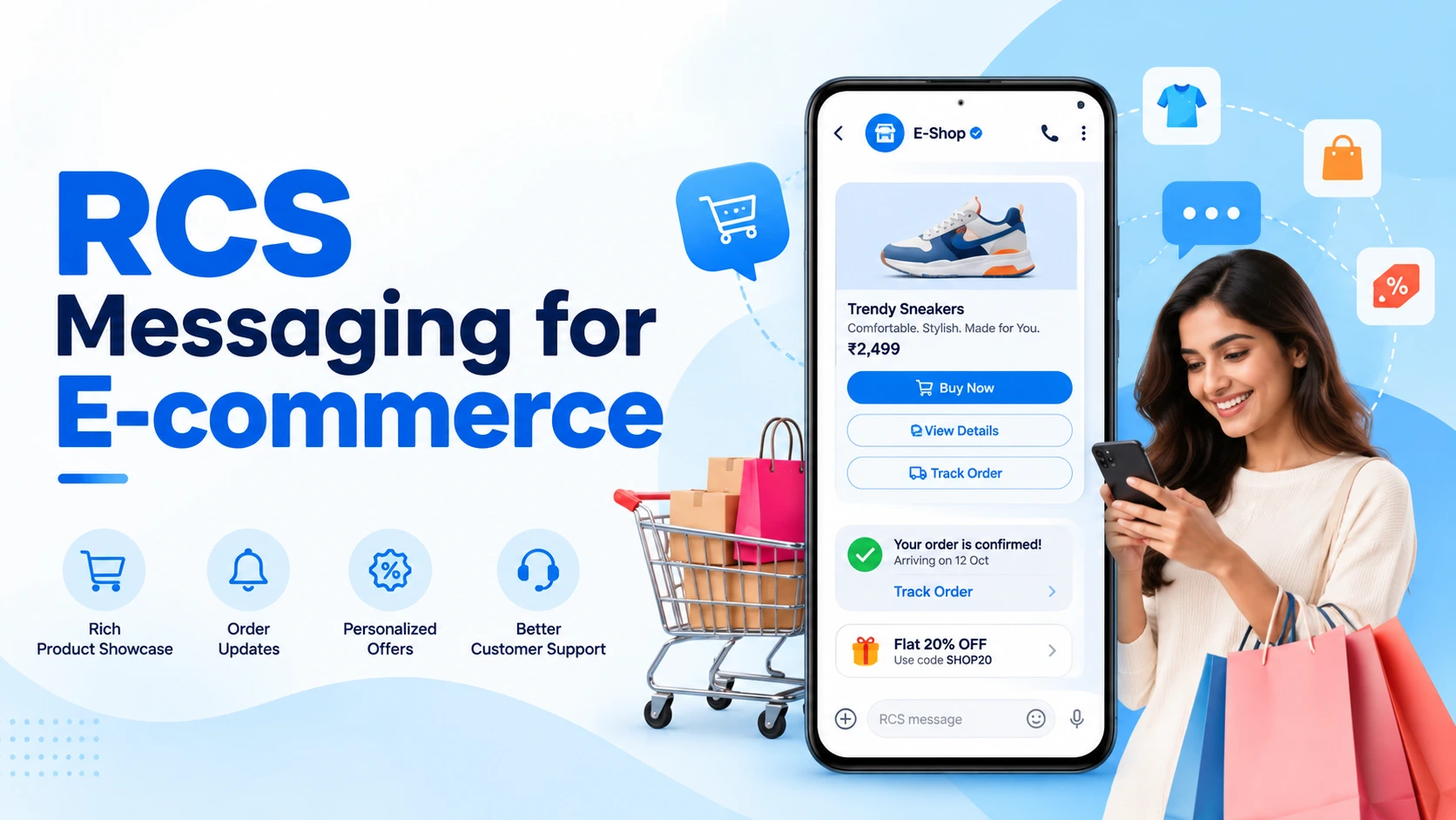 RCS messaging for ecommerce showing a product carousel, cart reminder and order update on a phone