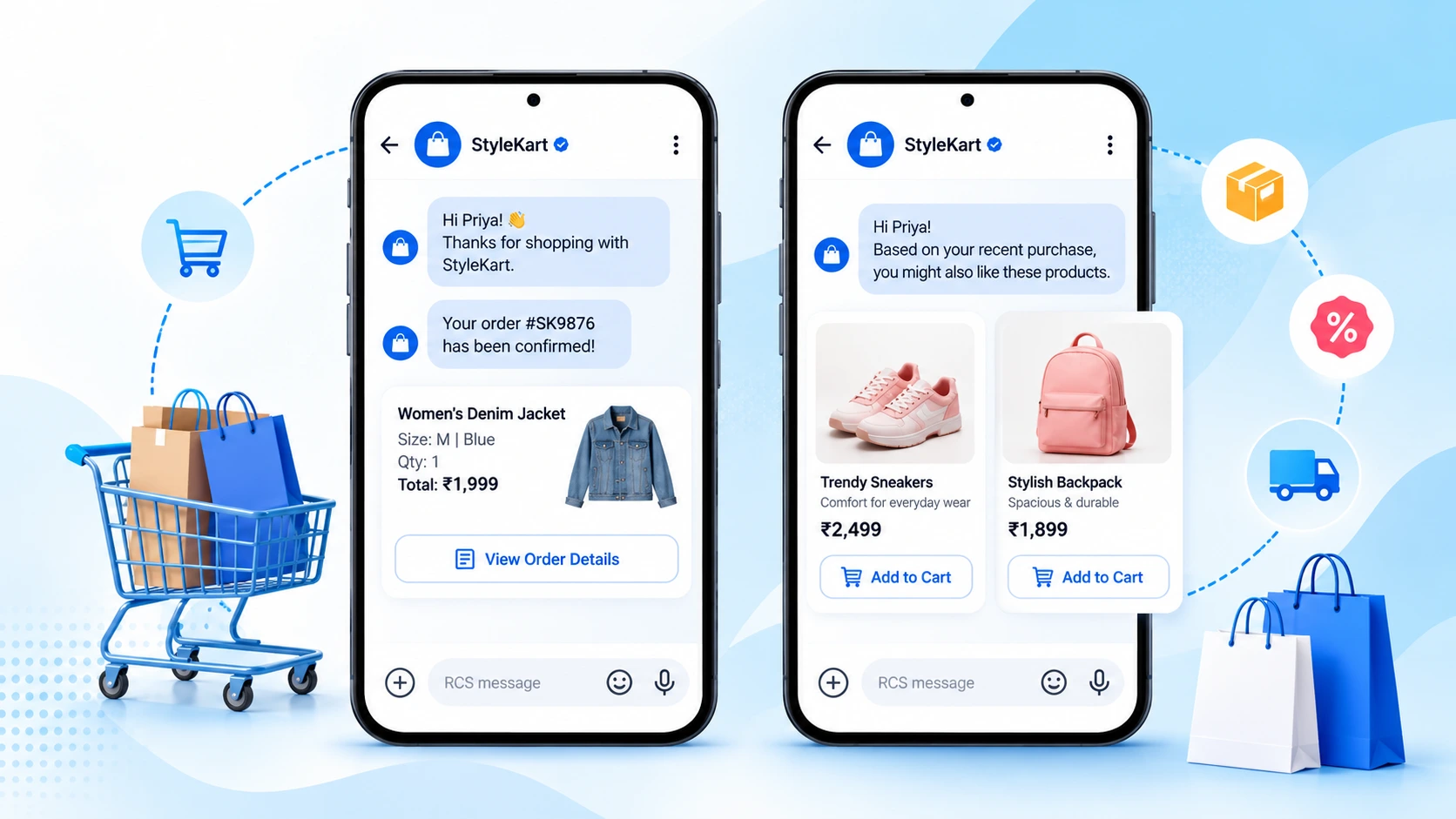RCS product carousel for an Indian online store with image cards and shop buttons