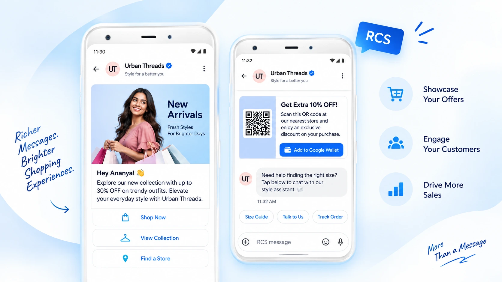 Verified Google RCS Business Messaging rich card with quick reply buttons — Ojiva AI
