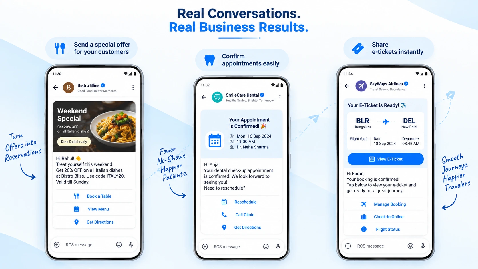 Verified Google RCS Business Messaging rich card with quick reply buttons — Ojiva AI