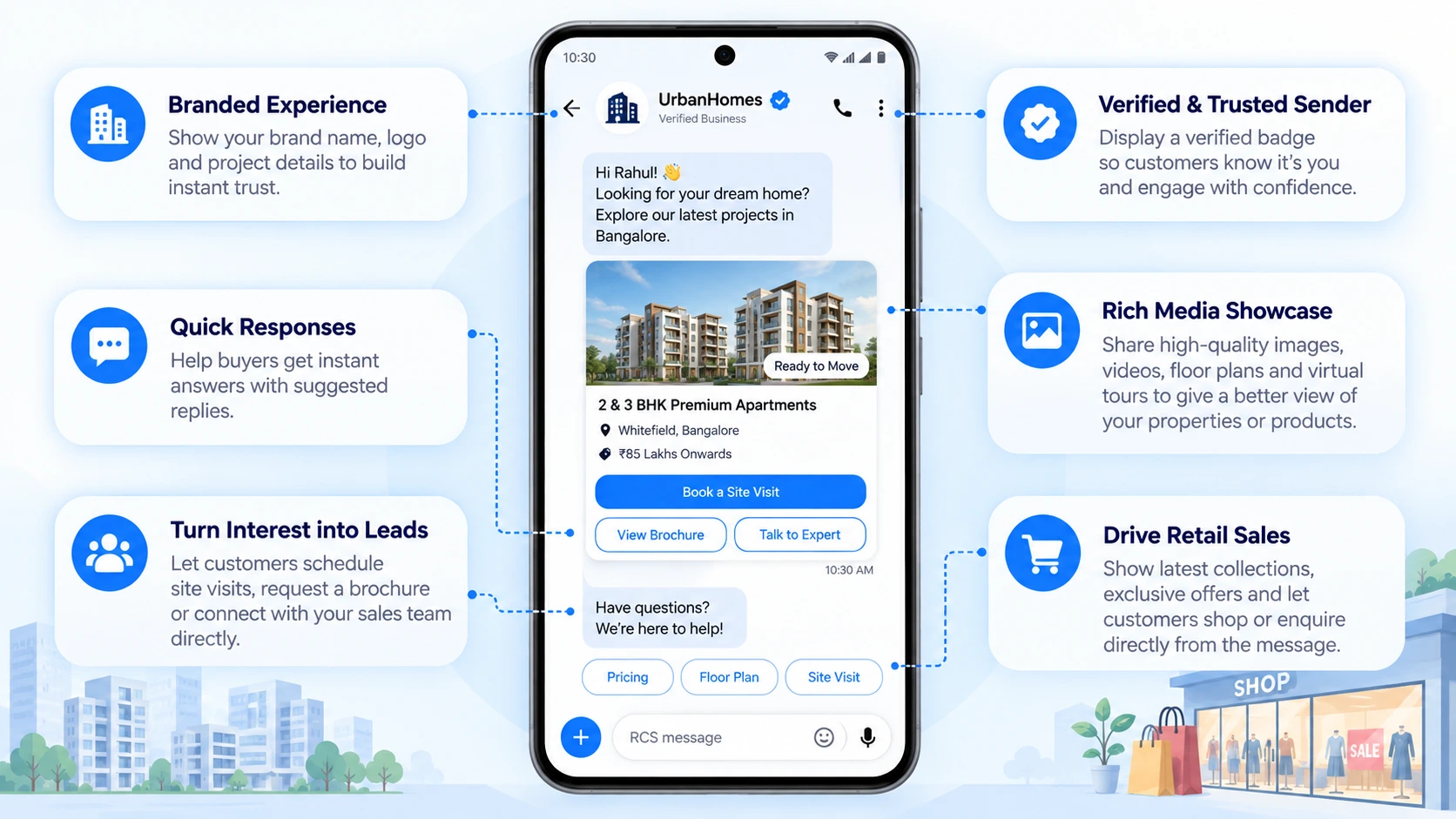 RCS rich card from a real estate brand showing a project photo carousel with a Book a Site Visit button