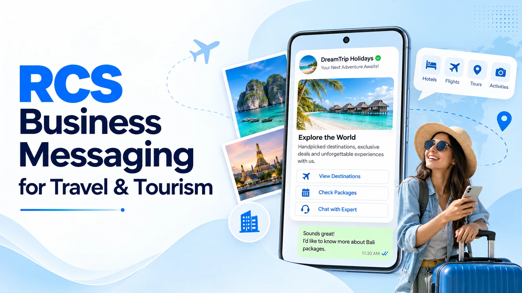 RCS rich card from a travel brand showing destination photos and a Book Now button inside a phone's messaging app