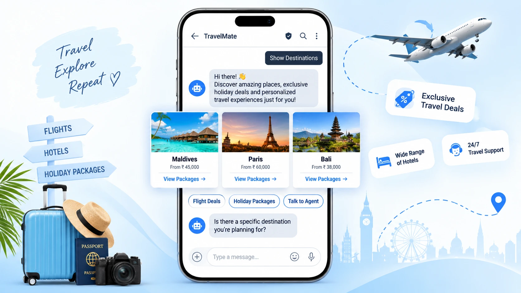 RCS destination carousel from a travel agency showing swipeable hotel cards with a View Packages button