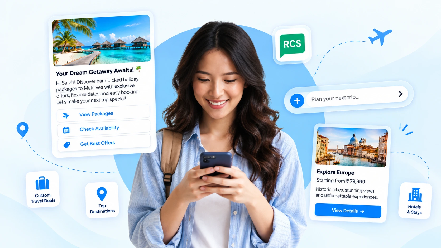 RCS flight booking card showing fare options with a Select button next to an instant booking confirmation